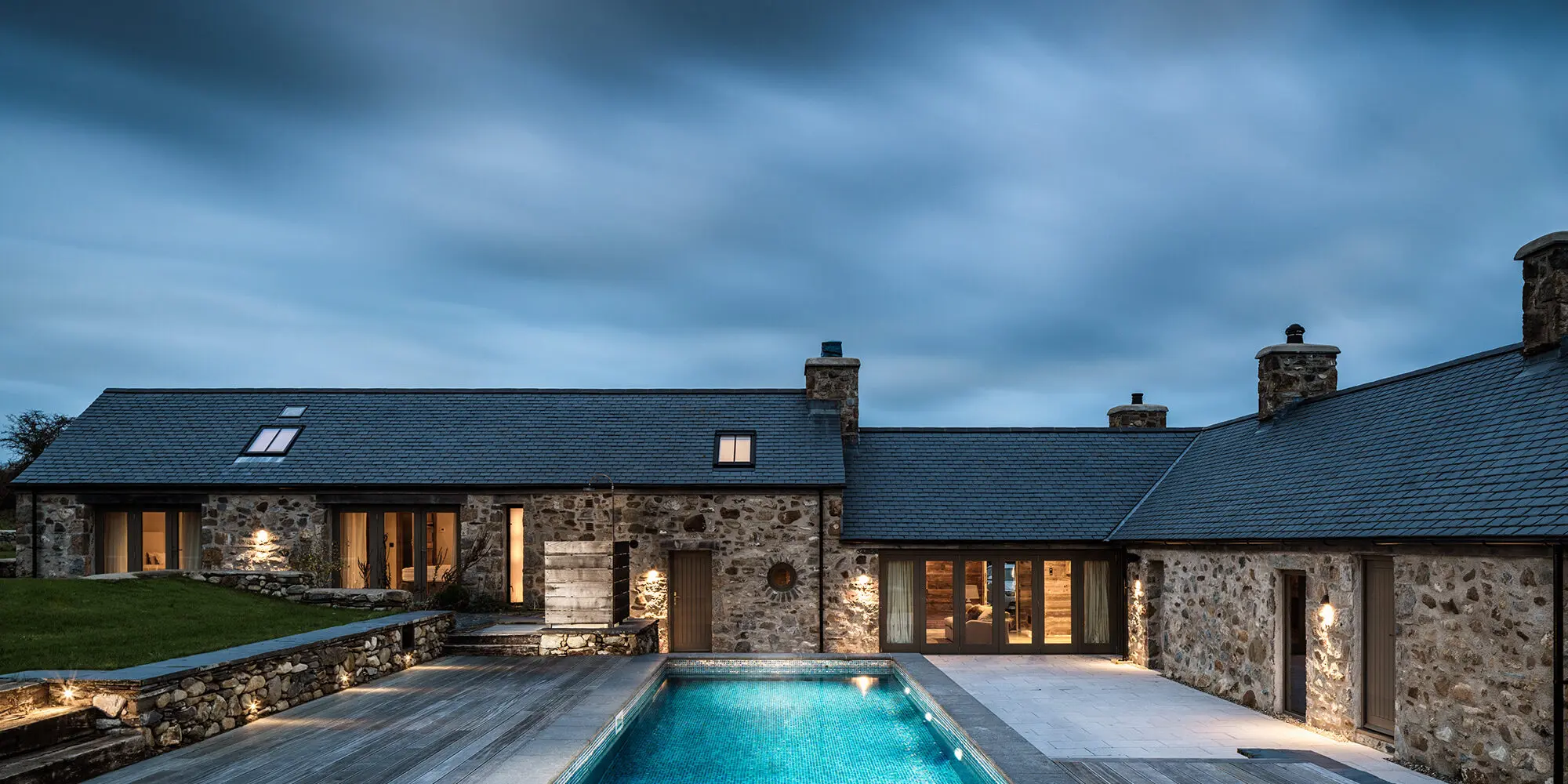 large house exterior with swimming pool