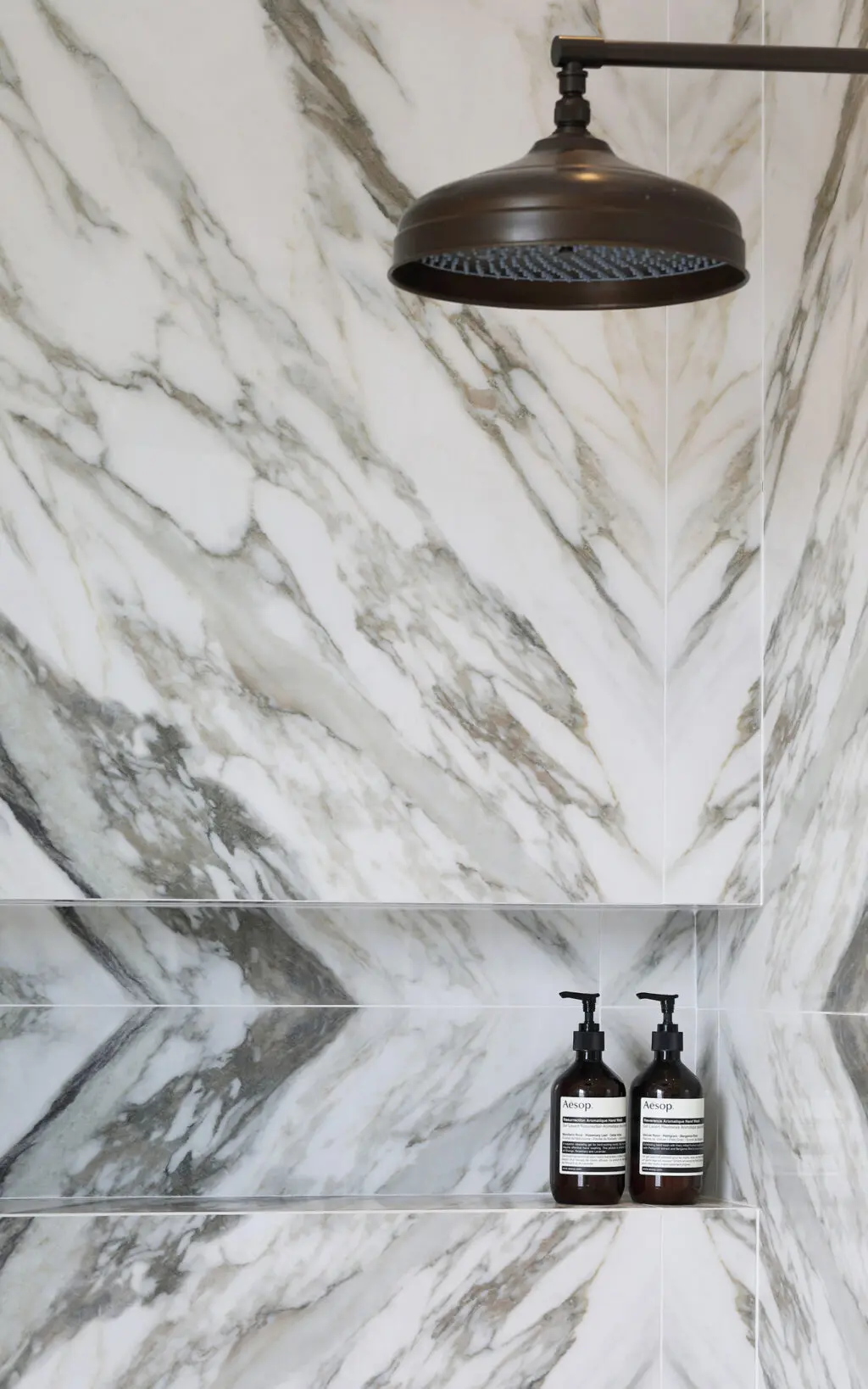 Samuel Heath Fairfield City Bronze shower head, shower nook with Aesop soap