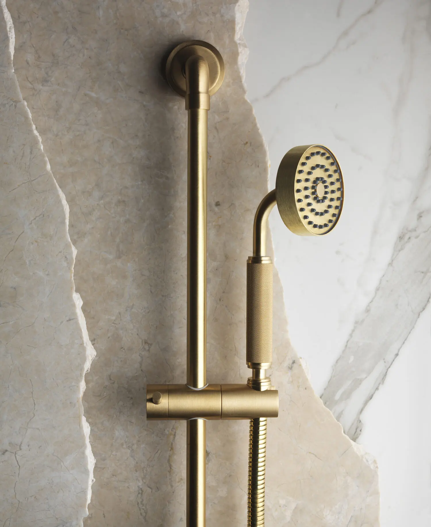 Samuel Heath Landmark Industrial Bauhaus inspired shower in a natural urban brass finish.
