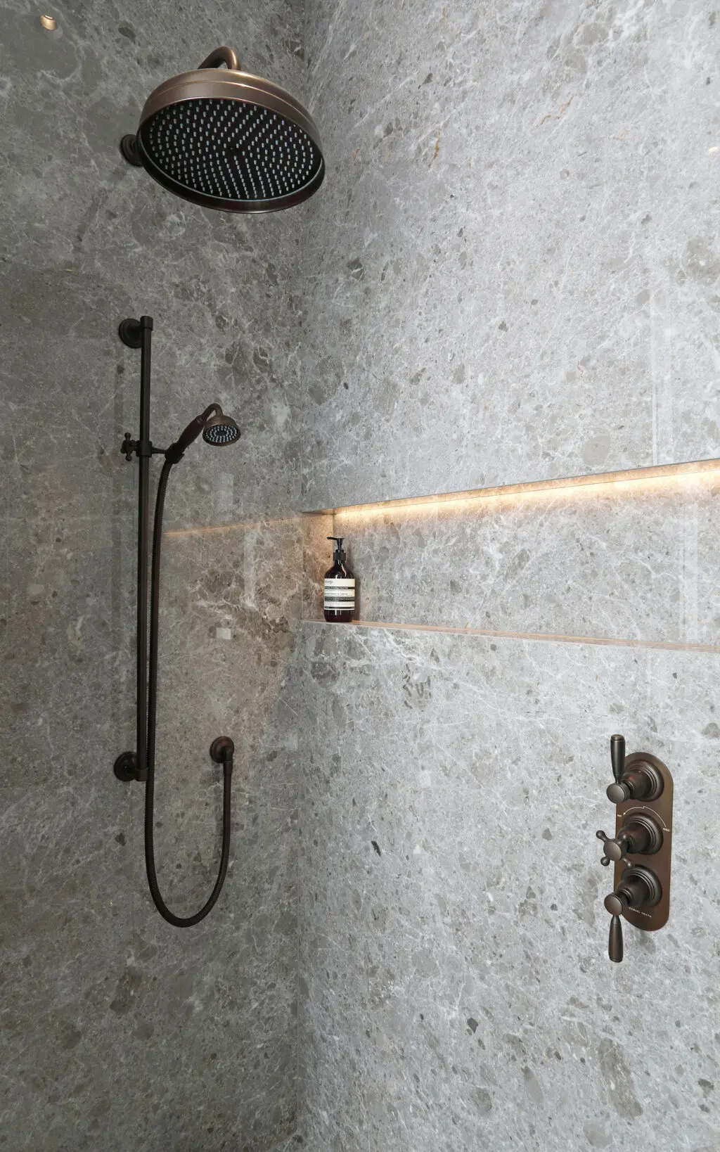 Marble walk in shower with Samuel Heath Fairfield shower and large shower head