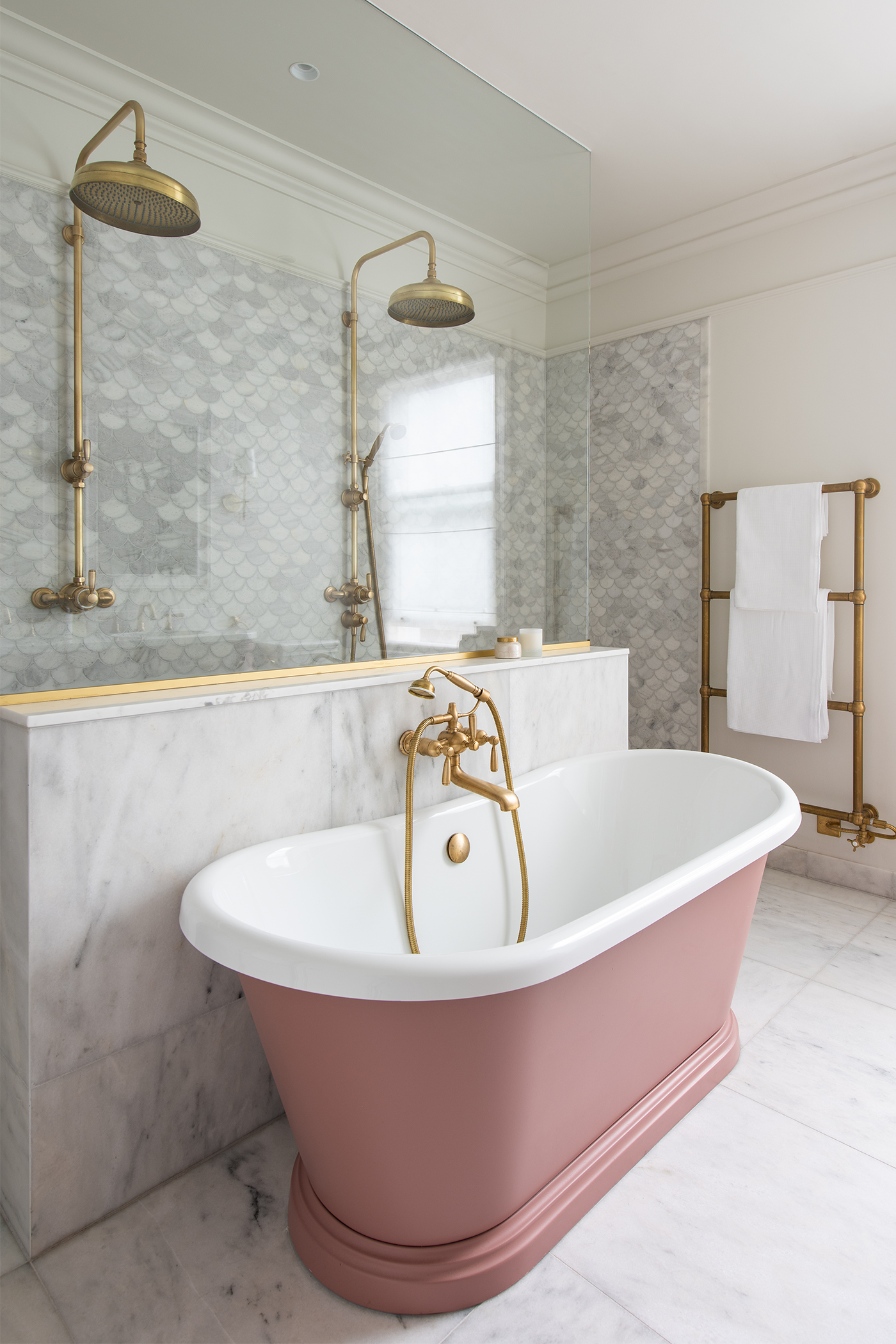pink roll top bath and Samuel Heath taps