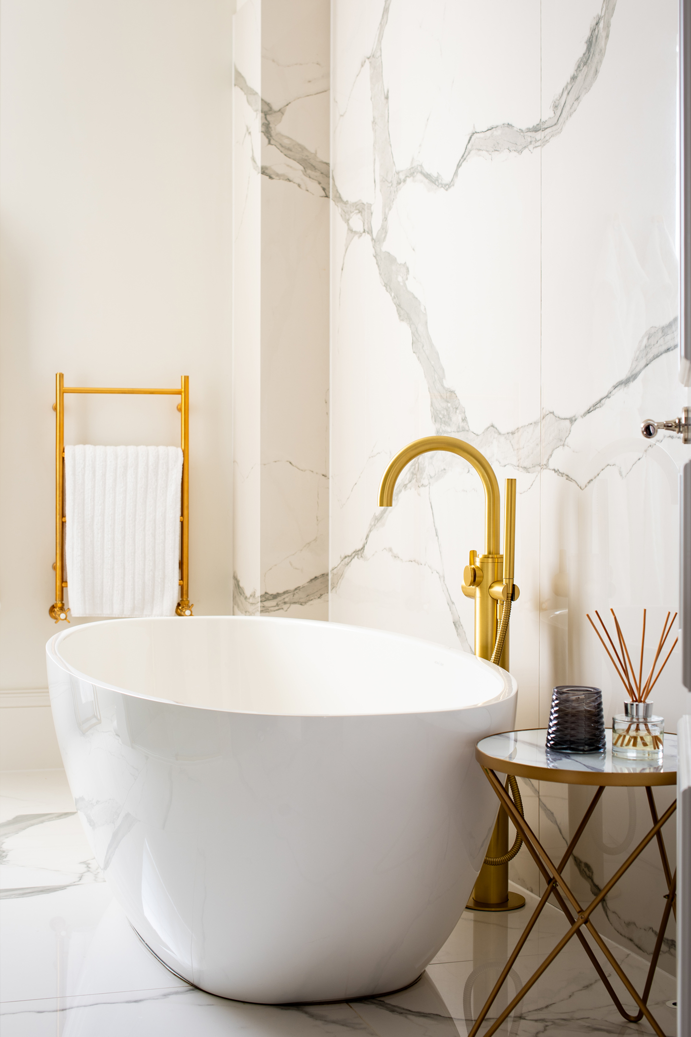 SGS Interiors Georgian style home with Samuel Heath bathroom with Classic Forme Bath Filler in Brushed Gold Matt