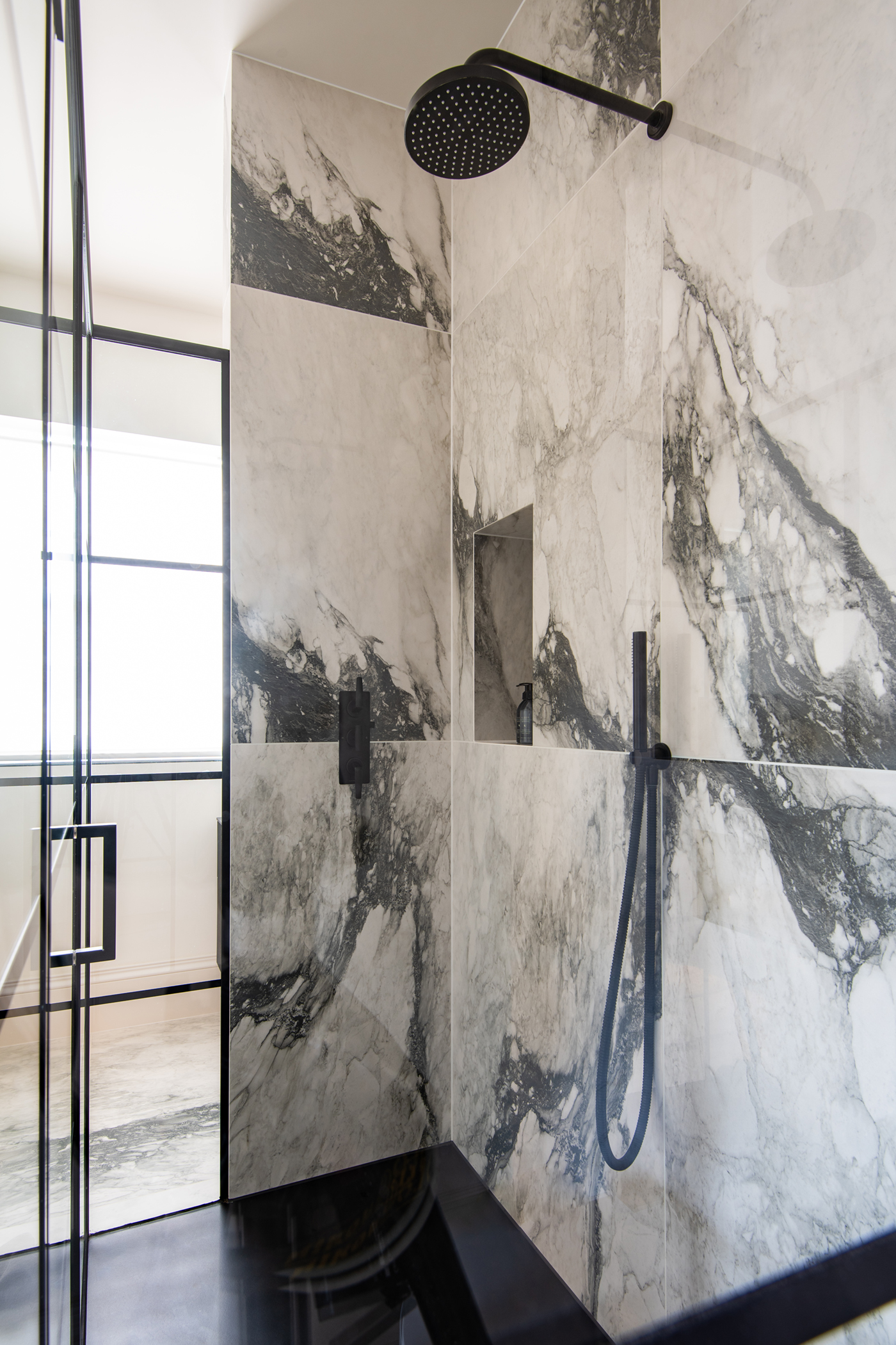 SGS Interiors Georgian style home with Samuel Heath bathroom with Speed Forme Shower in Matt Black Chrome