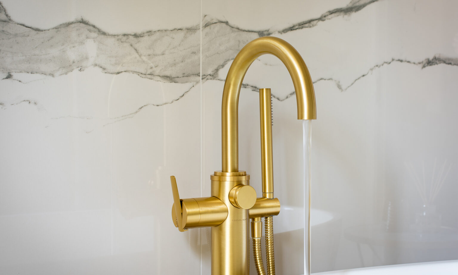 SGS Interiors Georgian style home with Samuel Heath bathroom with Classic Forme Bath Filler close up in Brushed Gold Matt