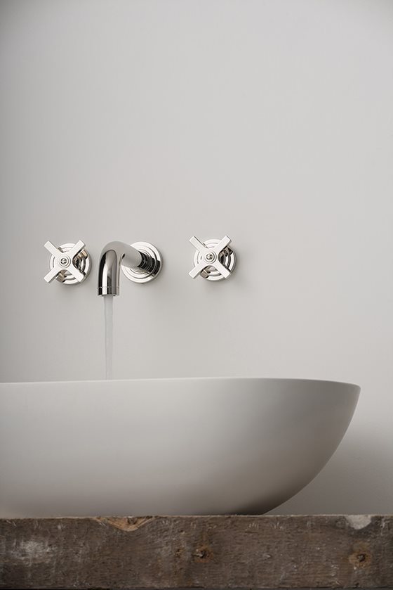 samuel heath LMK pure bauhaus inspired industrial tap with cross top levers in a polished nickel finish for a nordic look.