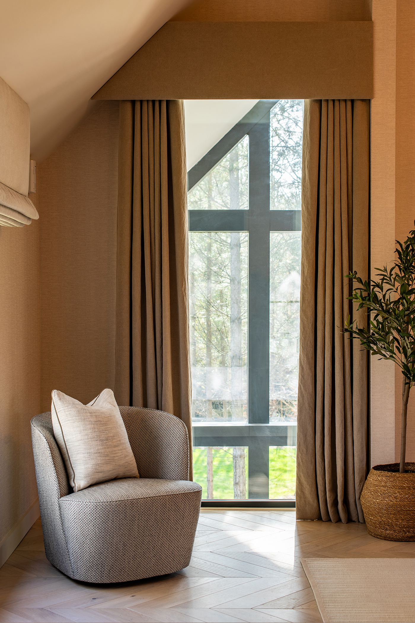 Upper floor with exposed barn inspired architecture