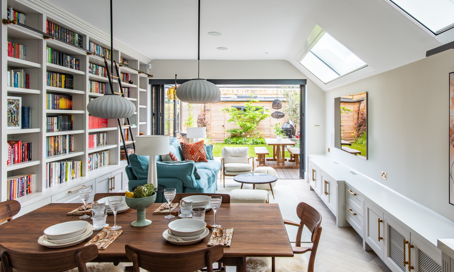 large library and dining room